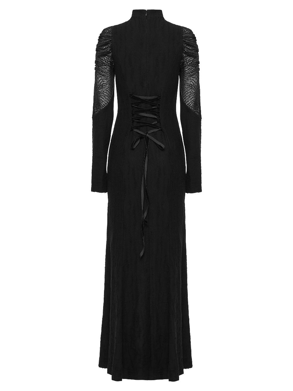 Back view of Gothic Decadence Lace-Up Mesh Dress featuring pleated sleeves and stylish snake texture mesh.